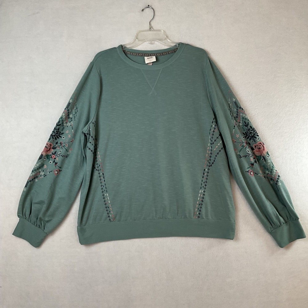 Knox Rose Sage Green Floral Embroidered Pullover Sweatshirt XXL Womens
